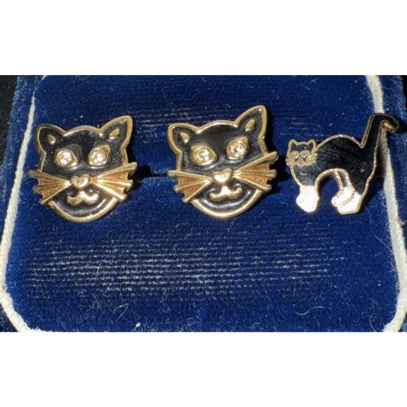 Avon Black Cat Enamel Rhinestone Gold Tone Pierced Stud Earrings Halloween~Goth - Picture 2 of 6